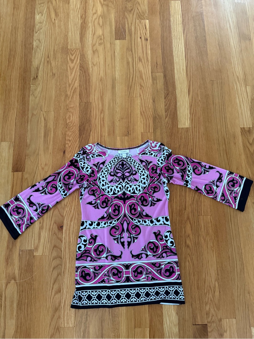 dressbarn Pink Black and White Ornamental Quarter Sleeve Blouse